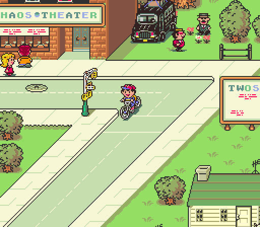 GIF animado del juego MOTHER Earthbound donde el protagonsita aparece andando en bicicleta por una calle