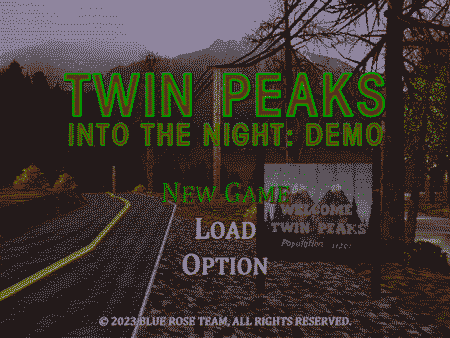captura de pantalla del menú principal del juego Twin Peaks: Into The Night donde se ve el título del juego sobre la entrada al pueblo Twin Peaks